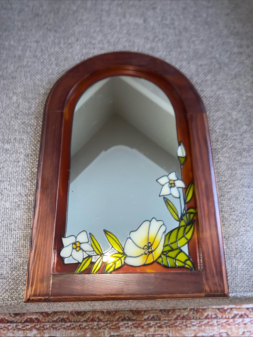Antique Handcrafted Wooden Frame Floral Mirror with stained glass flowers